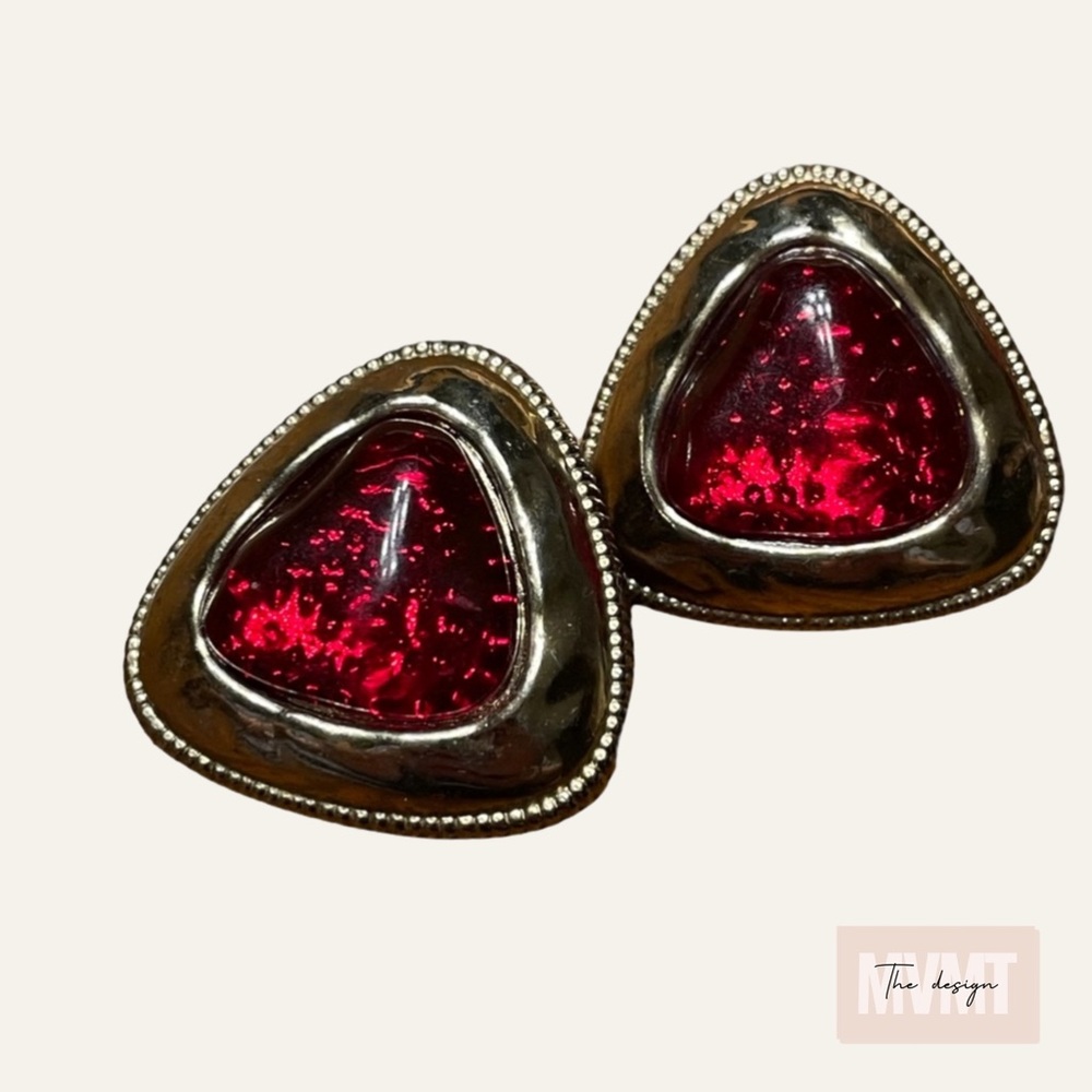 Vintage Ruby Red Gold Triangle Clip-On Earrings Retro Geometric Statement